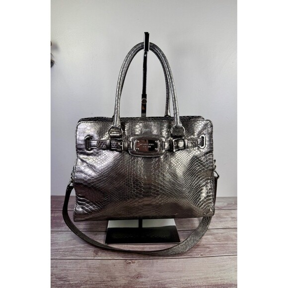 MICHAL KORS Large Hamilton Gray Luxury Embossed Leather Satchel Shoulder Bag - Picture 1 of 17